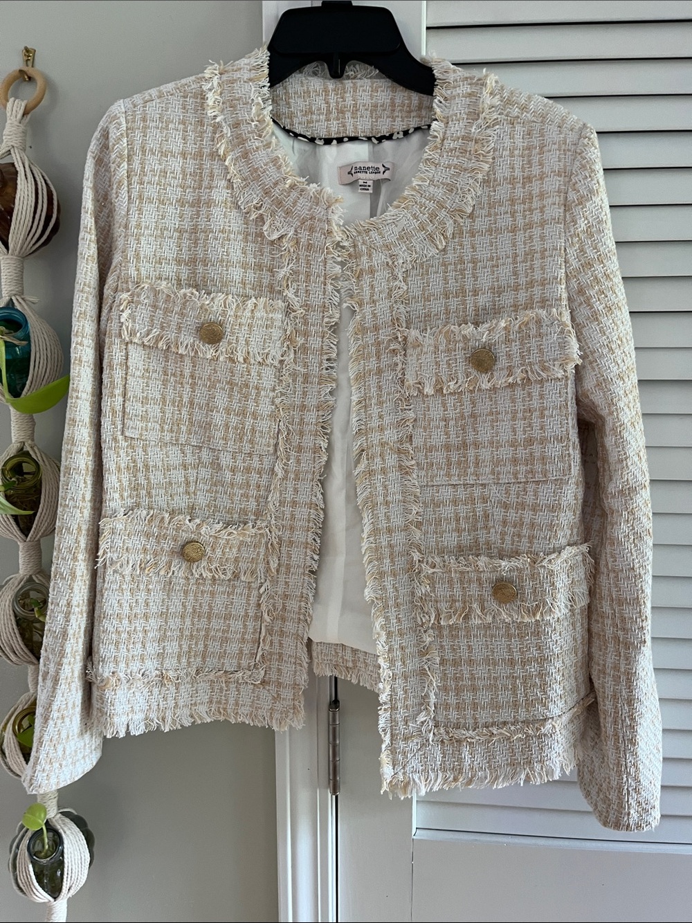 Nanette Lepore Cream Ivory Tweed Fringe Jacket